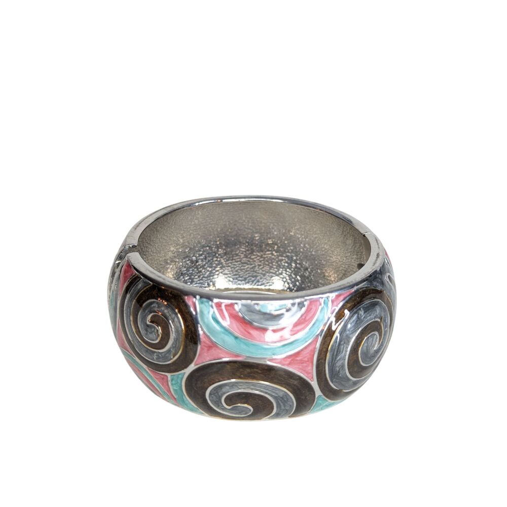Vintage 90s Enamel Clamper Bracelet Modern Pink Teal Blue Swirls Silver Alloy